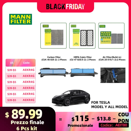 Tesla Model Y / 3 HEPA Aktivkohle-Innenraumfilter-Set für Elektrofahrzeuge – MANNFILTER CUK25015/21-2, CUK46025/1-2, CU47025/3-2 – eingebauter Luftfilter