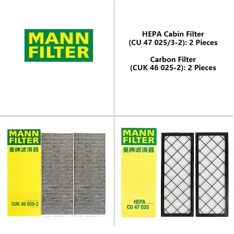 Tesla Model Y / 3 HEPA Aktivkohle-Innenraumfilter-Set für Elektrofahrzeuge – MANNFILTER CUK25015/21-2, CUK46025/1-2, CU47025/3-2 – eingebauter Luftfilter