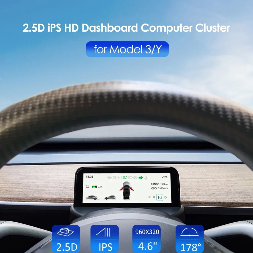 HUB für Tesla Model 3 Y 4,6'' Armaturenbrett Lenkrad Instrument HD LCD Display Tachometer Head-up Display Fahrzeugmodifikation